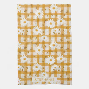 White Daisy Floral Pattern on Yellow Gingham (2) Geschirrtuch