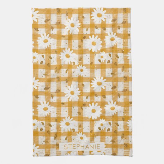 White Daisy Floral Pattern on Yellow Gingham (2) Geschirrtuch (Vertikal)