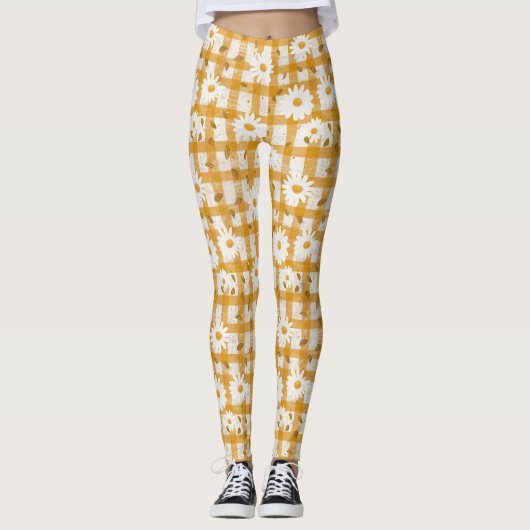 White Daisy Floral Pattern on Yellow Gingham (2) Leggings (Vorderseite)