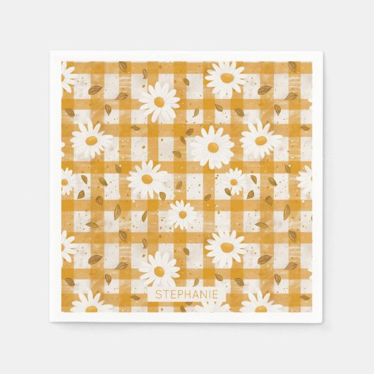 White Daisy Floral Pattern on Yellow Gingham (2) Serviette (Vorderseite)