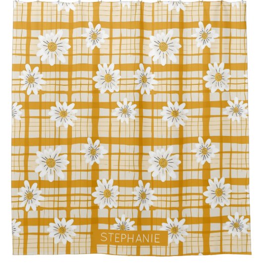 White Daisy Floral Pattern on Yellow Gingham Duschvorhang (Vorderseite)