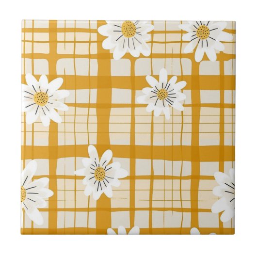 White Daisy Floral Pattern on Yellow Gingham Fliese (Vorderseite)