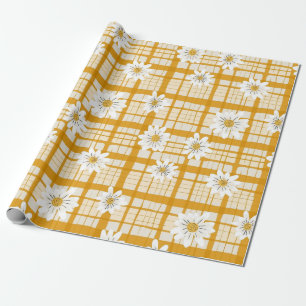 White Daisy Floral Pattern on Yellow Gingham Geschenkpapier