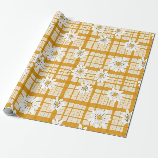 White Daisy Floral Pattern on Yellow Gingham Geschenkpapier (Ungerollt)