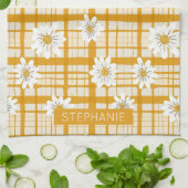 White Daisy Floral Pattern on Yellow Gingham Geschirrtuch (Gefaltet)
