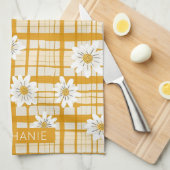 White Daisy Floral Pattern on Yellow Gingham Geschirrtuch (Viertel Falte)