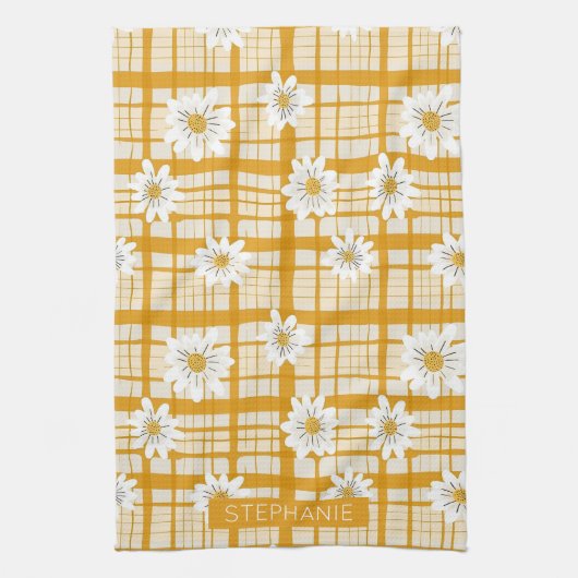 White Daisy Floral Pattern on Yellow Gingham Geschirrtuch (Vertikal)