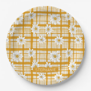 White Daisy Floral Pattern on Yellow Gingham Pappteller
