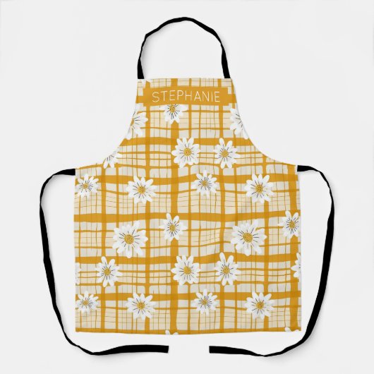 White Daisy Floral Pattern on Yellow Gingham Schürze (Vorderseite)