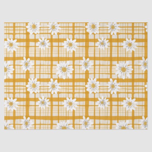 White Daisy Floral Pattern on Yellow Gingham Seidenpapier (Vorderseite)