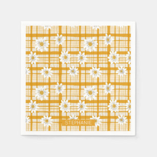 White Daisy Floral Pattern on Yellow Gingham Serviette