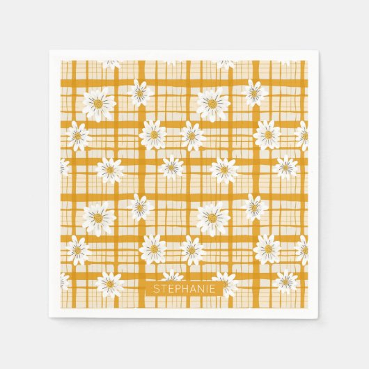 White Daisy Floral Pattern on Yellow Gingham Serviette (Vorderseite)