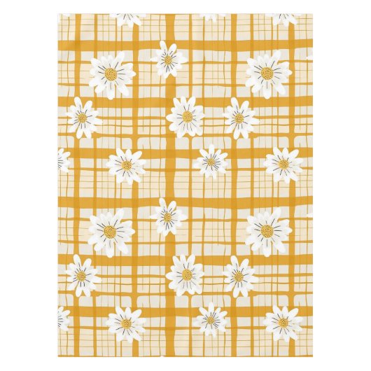 White Daisy Floral Pattern on Yellow Gingham Tischdecke (Vorderseite)