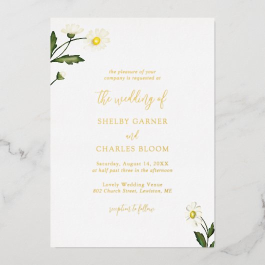 White Daisy Floral Rustic Wedding Folieneinladung (Vorderseite)