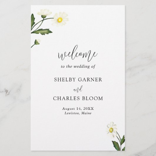 White Daisy Floral Rustic Wedding Programm (Vorderseite)
