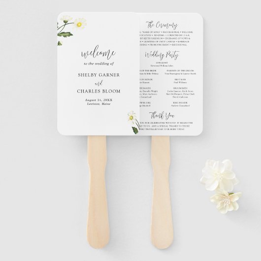 White Daisy Floral Rustic Wedding Programm Fächer (Vorne und Hinten)
