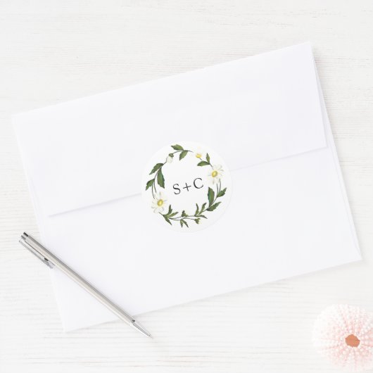 White Daisy Floral Rustic Wedding Runder Aufkleber (Umschlag)