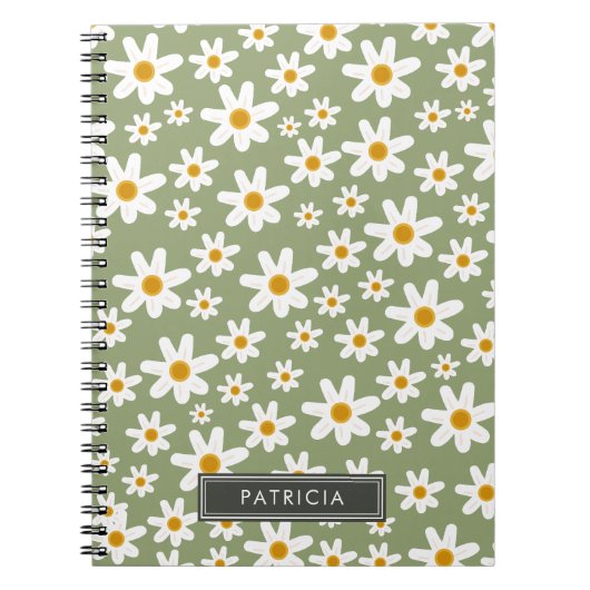 White Daisy Florals Muster Grün Personalisiert Notizblock (Vorderseite)