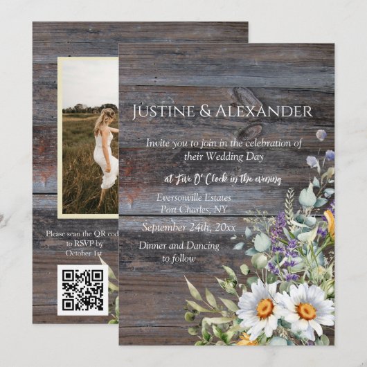 White Daisy Foto QR Code Hochzeit Einladung (Vorne/Hinten)