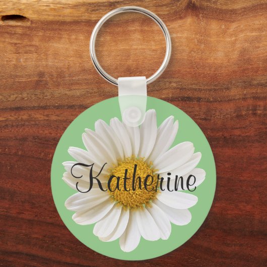 White Daisy mit Individuelle Name Sage Green Schlüsselanhänger (Vorderseite)