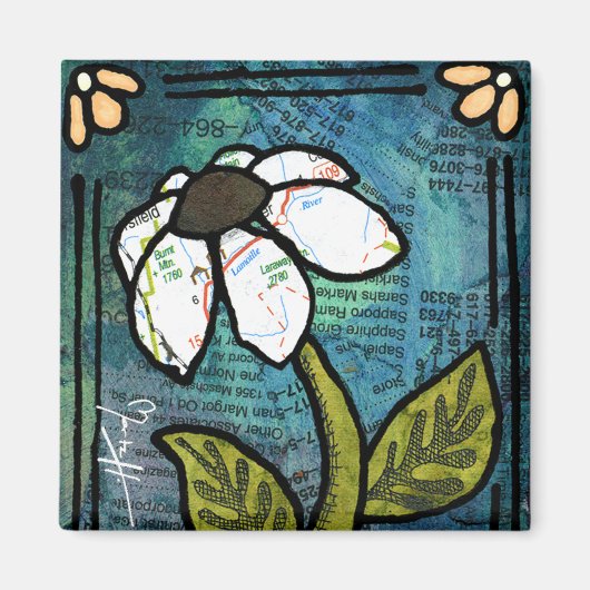 White Daisy on Blue Background - Collage Magnet (Vorne)