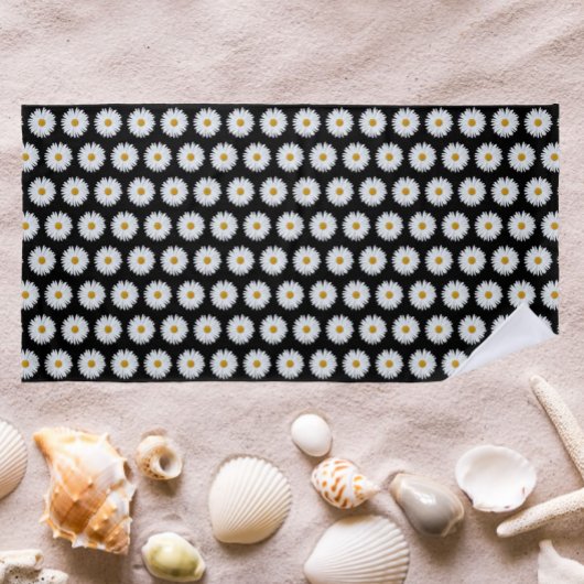 White Daisy Pattern auf Schwarz Floral Strandtuch