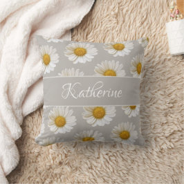 White Daisy Pattern Individuelle Name Grau Kissen
