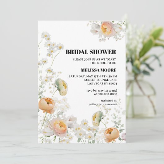 White Daisy, Peach Floral Bridal Dusche Einladung (Stehend Vorderseite)