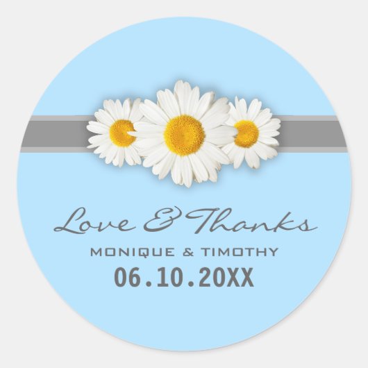 White Daisy Ribbon Blue Wedding Danke Stickers (Vorderseite)