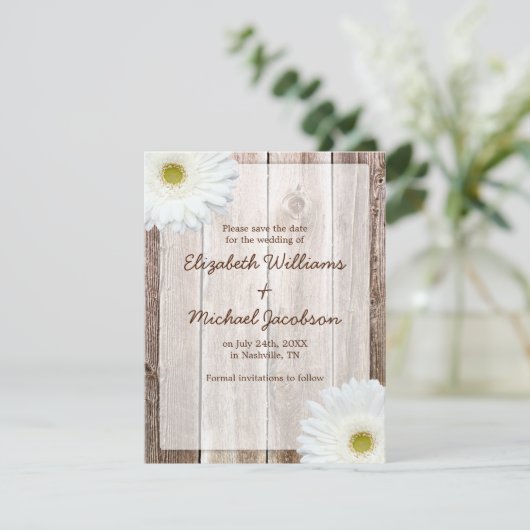 White Daisy Rustic Ankündigung Datum freihalten (Stehend Vorderseite)
