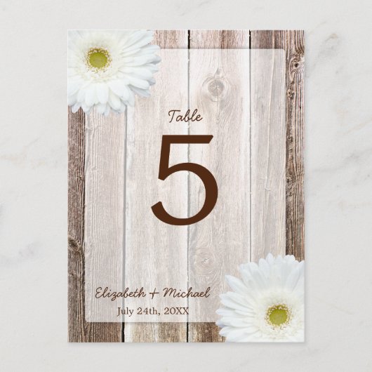 White Daisy Rustic Barn Wood Wedding Tischnummer (Vorderseite)