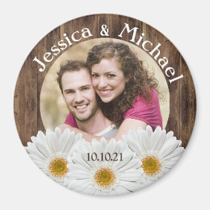 White Daisy Rustic Wood Foto Hochzeit Retten Datum Magnet