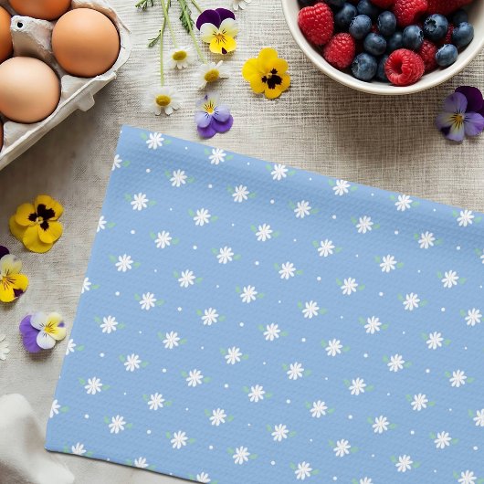 White Daisy Simple Floral Spring Pattern Blau Geschirrtuch