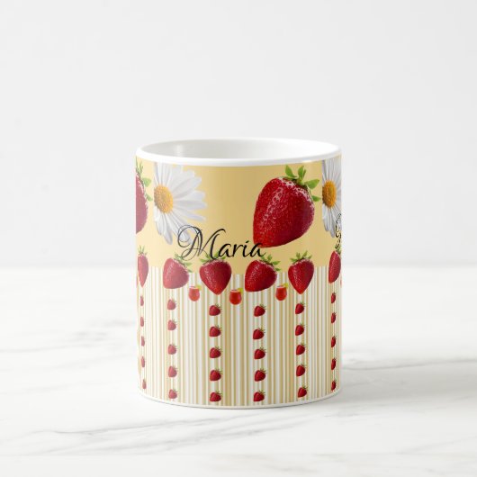 White Daisy Strawberry Stripe Tasse (Mittel)