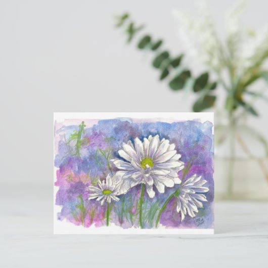 White Daisy Watercolor Blume Blau Postkarte (Stehend Vorderseite)