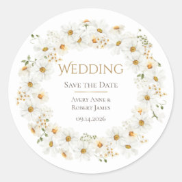 White Daisy Wreath Wasserfarbe Save the Date Hübsc Runder Aufkleber