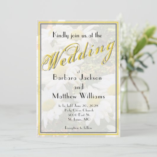 White Daisy Yellow Gold Script BoHo Spring Wedding Einladung (Stehend Vorderseite)