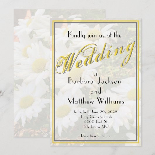 White Daisy Yellow Gold Script BoHo Spring Wedding Einladung (Vorne/Hinten)
