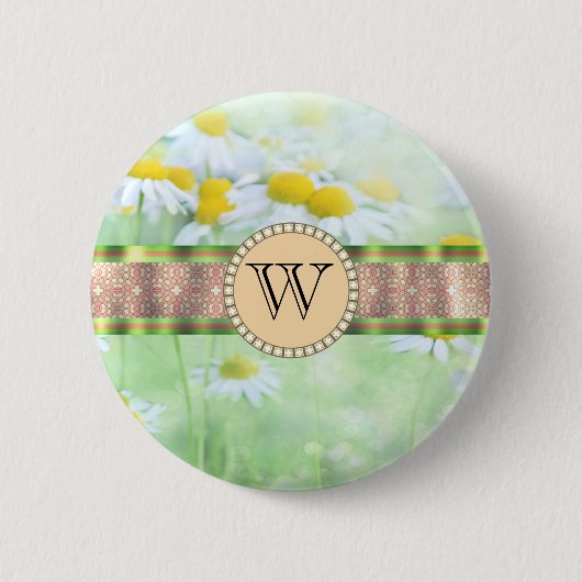 White Daisy's in Green Meadow Monogram Button (Vorderseite)