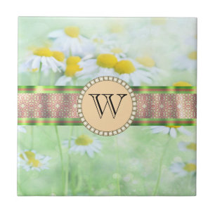 White Daisy's in Green Meadow Monogram Fliese