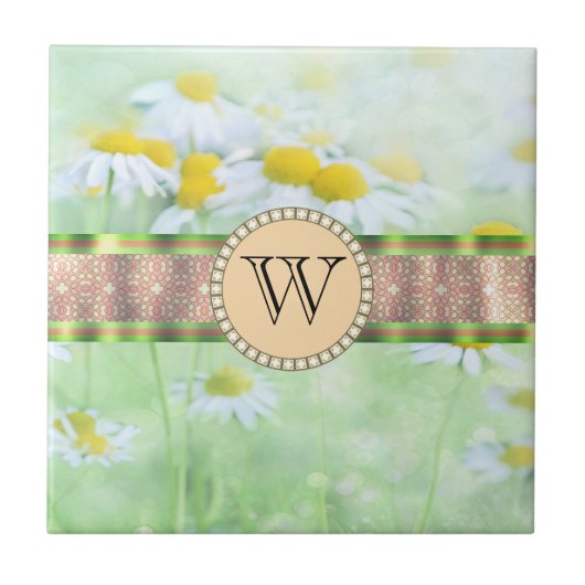 White Daisy's in Green Meadow Monogram Fliese (Vorderseite)