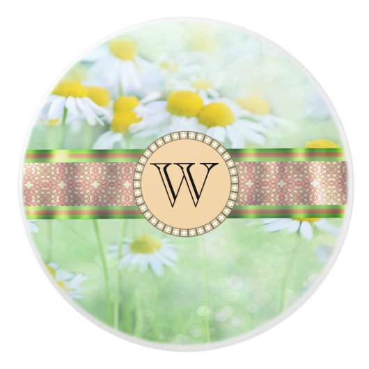 White Daisy's in Green Meadow Monogram Keramikknauf (Vorderseite)