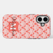 White Damask auf Coral Monogram & Name Hübsch Case-Mate iPhone Hülle (Rückseite (Horizontal))