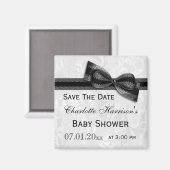 White Damask & Black Bow Babydusche Save the Date Magnet (Vorderseite/Rückseite)