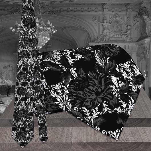 White Damask Black Floral Wedding Neck Tie Krawatte