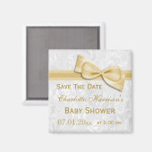 White Damask & Gold Bow Babydusche Save the Date Magnet (Vorderseite/Rückseite)