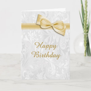 White Damask & Gold Imitats Bow Weibliche Geburtst Karte