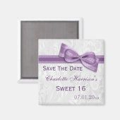 White Damask & Imitate Bow Sweet 16 Save the Date Magnet (Vorderseite/Rückseite)