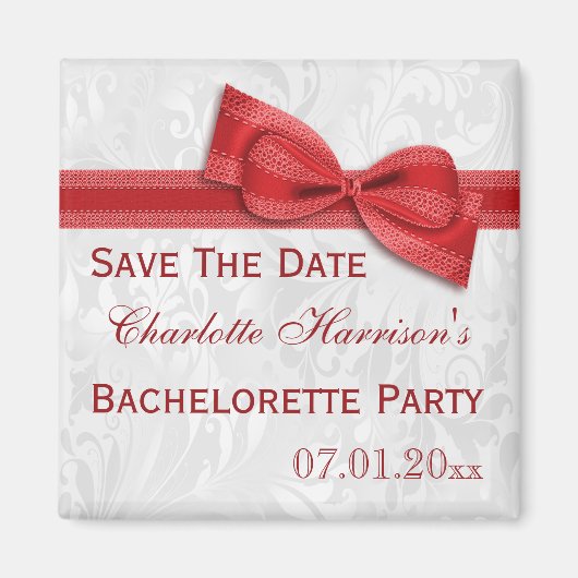 White Damask & Imitats Bow Bachelorette Save the D Magnet (Vorne)