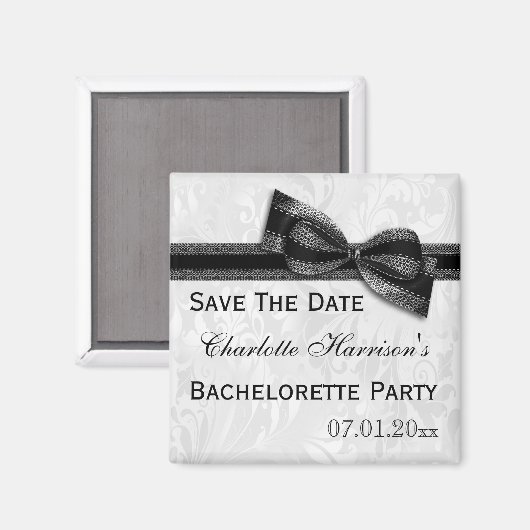 White Damask & Imitats Bow Bachelorette Save the D Magnet (Vorderseite/Rückseite)